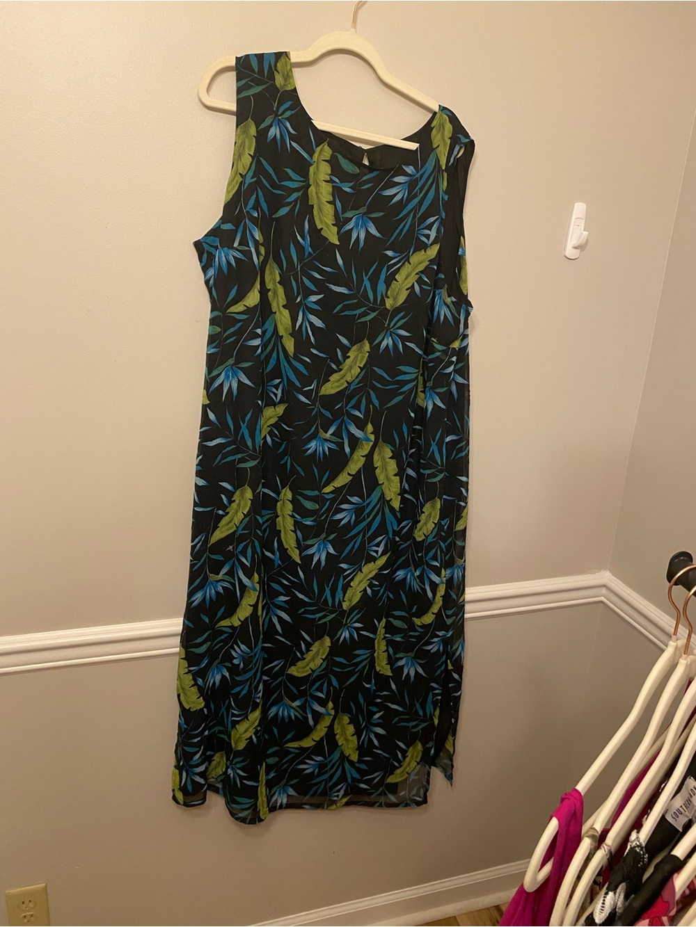 Style & Co. Black Maxi Dress with Green and Blue Leaf Print